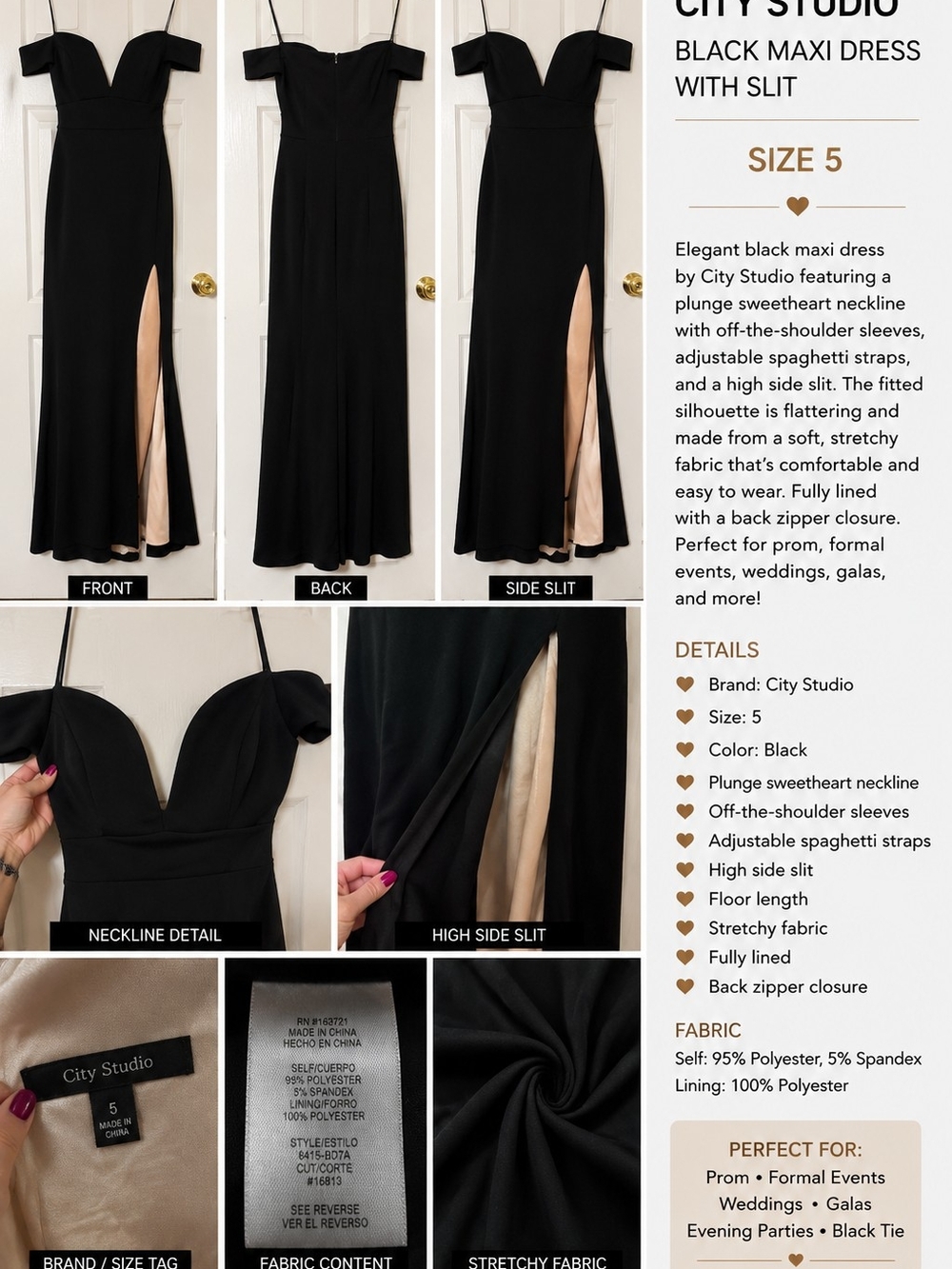 City Studio Black Off-Shoulder Maxi Gown with High Side Slit